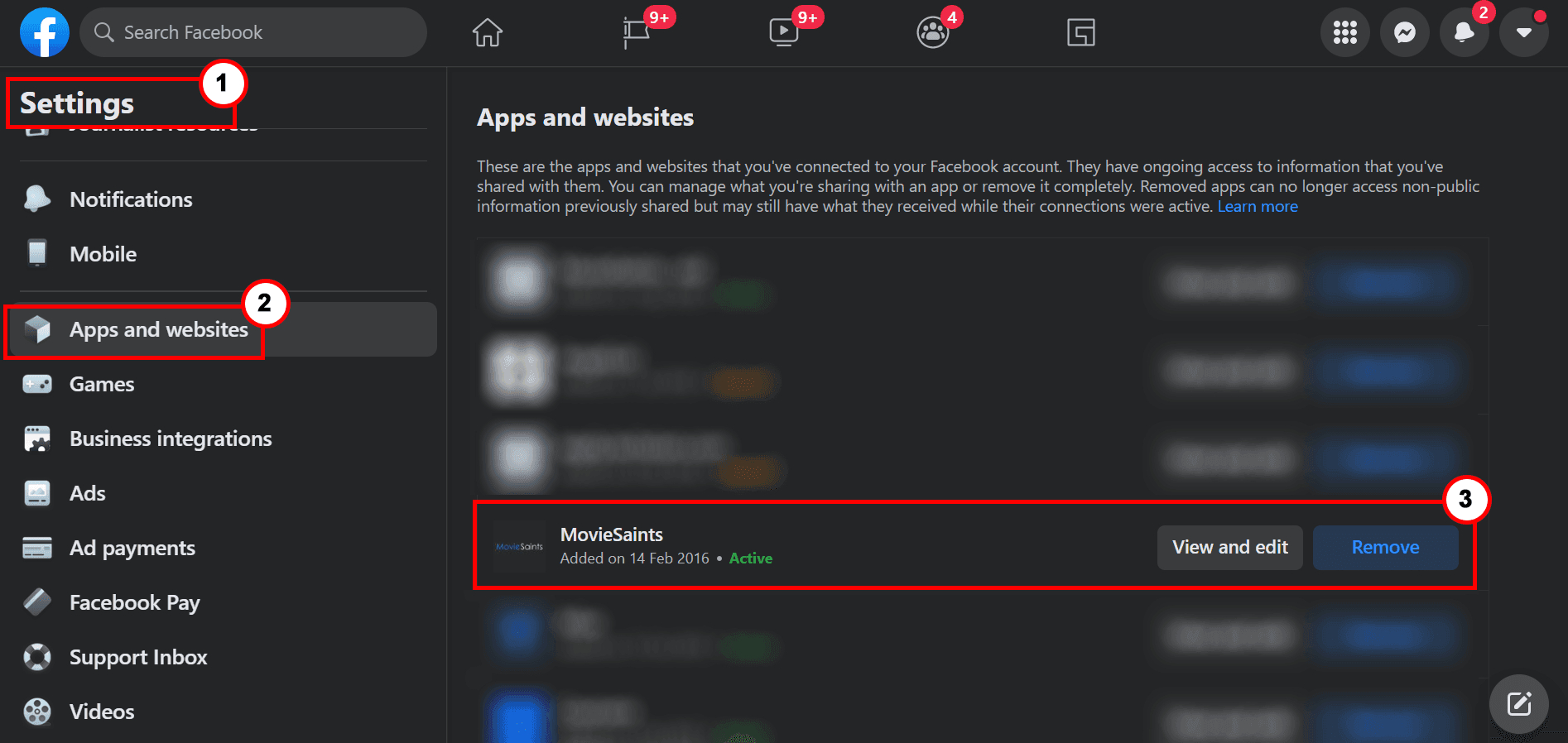 Facebook data deletion step 1