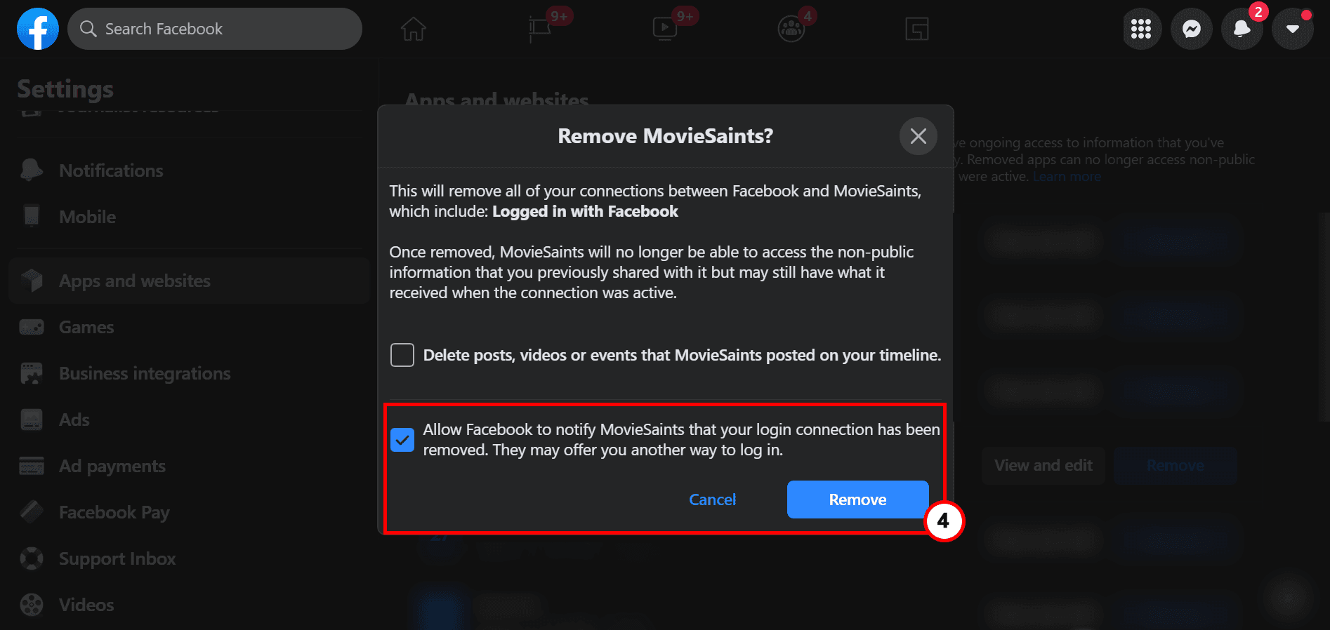 Facebook data deletion step 2